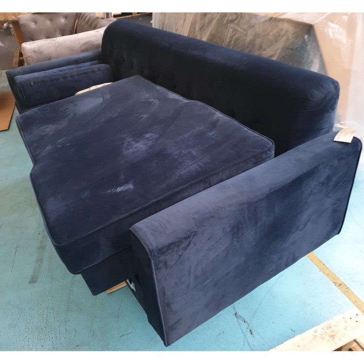 GRADE A2 - Right Hand Facing Navy Blue Velvet Corner Sofa with Bolster Cushions - Seats 3 - Idris