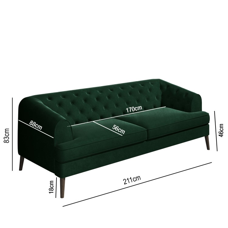 Green Velvet 3 Seater Modern Chesterfield Sofa - Inez