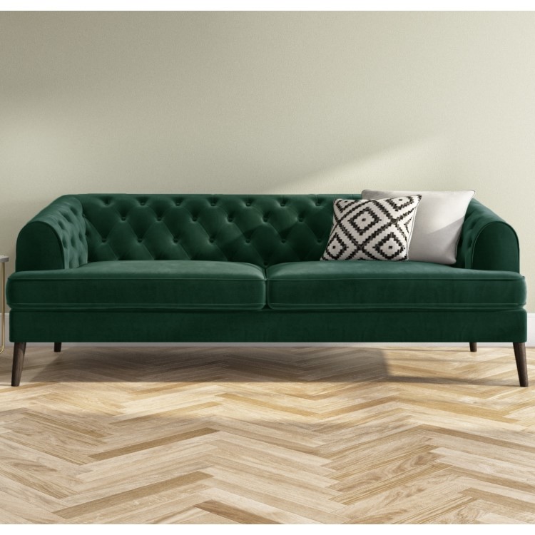 Green Velvet 3 Seater Modern Chesterfield Sofa - Inez