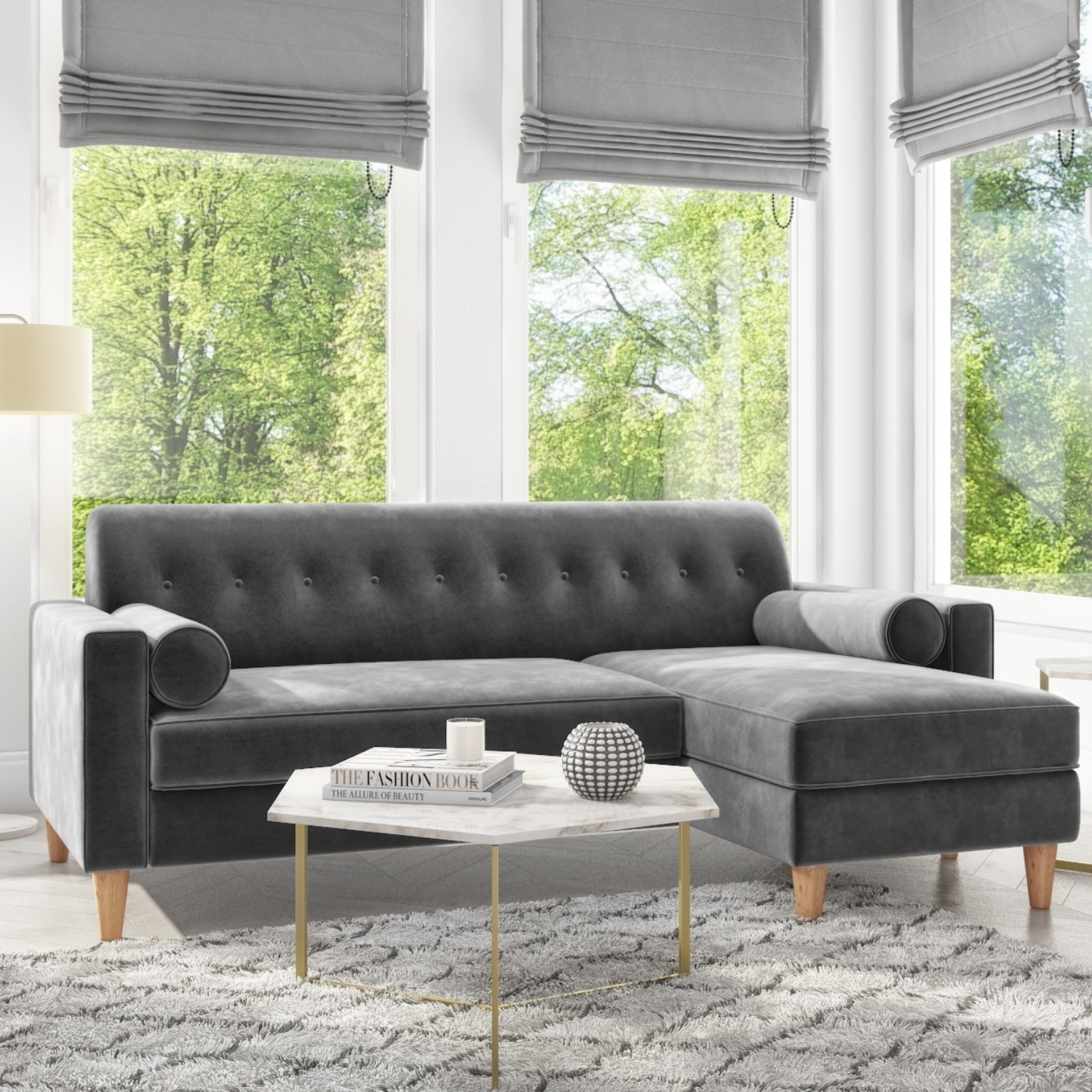 3 Seater Right Hand Facing L Shaped Sofa in Grey Velvet - Idris ...