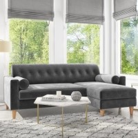 GRADE A2 - Right Hand Facing Grey Velvet Corner Sofa with Bolster Cushions - Seats 3 - Idris