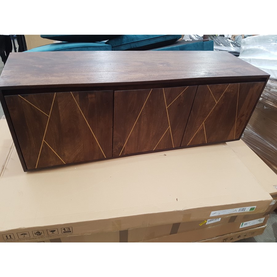 GRADE A2 - 3 Door Sideboard in Dark Wood with Brass Inlay - Tahlia