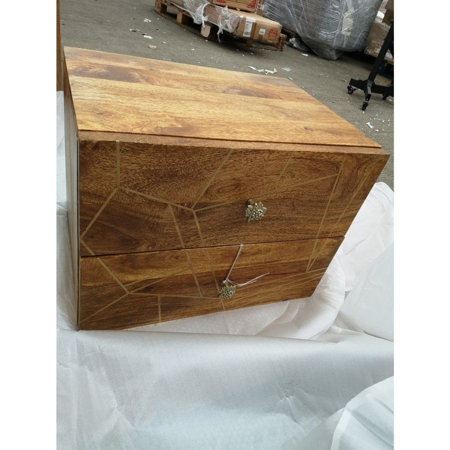 GRADE A2 - Halo 2 Drawer Bedside Table with Brass Inlay in Natural Honey 