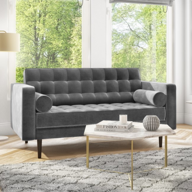 GRADE A2 - Elba Grey Velvet Sofa with Button Detailing & Bolster Cushions - Seats 2