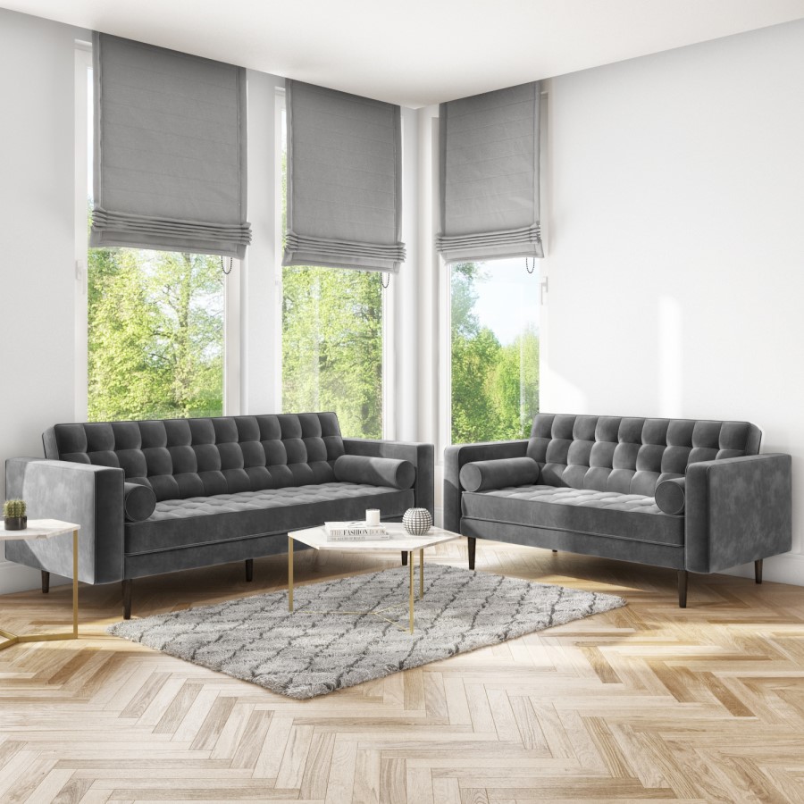 GRADE A1 - Elba Grey Velvet Sofa with Button Detailing & Bolster Cushions - Seats 2