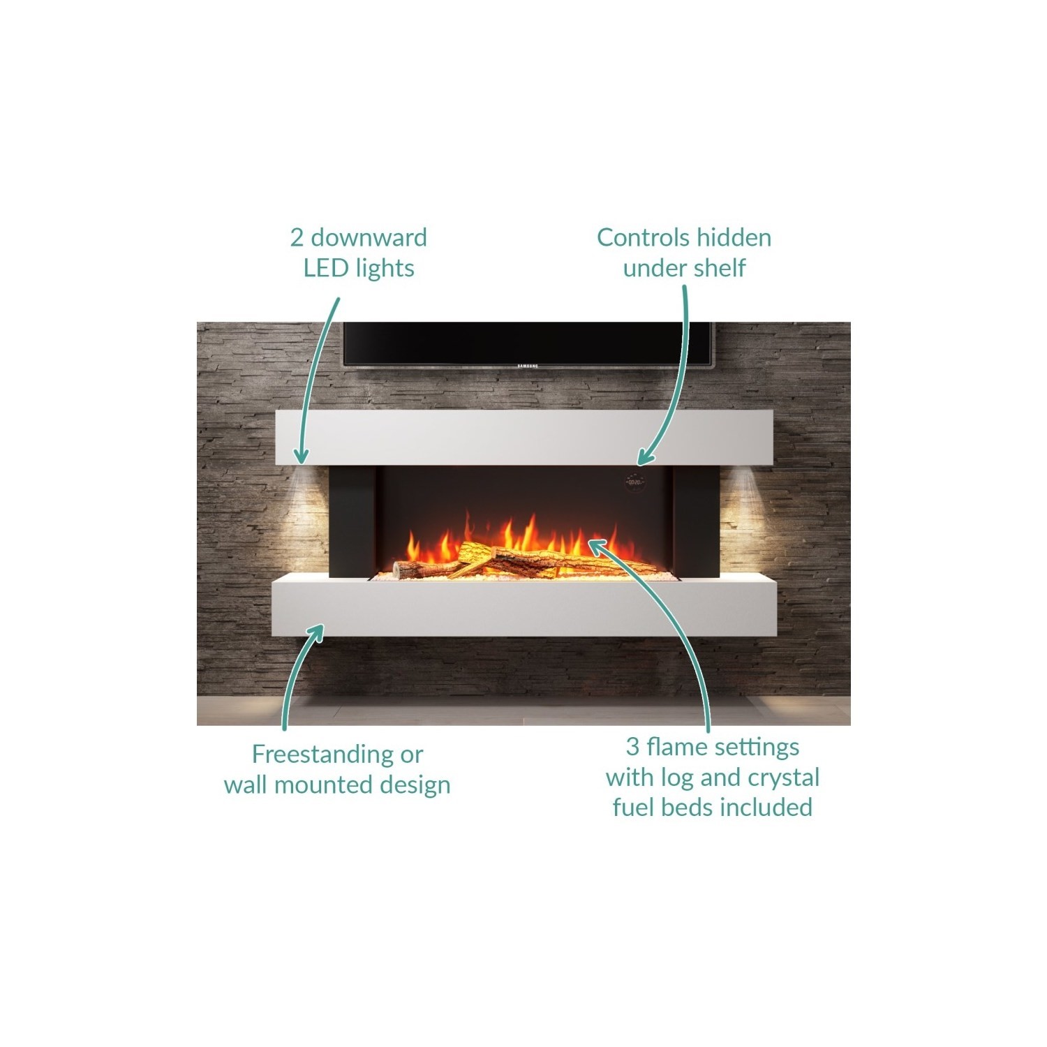 White Wall Mounted Electric Fireplace Suite with LED Lights Amberglo