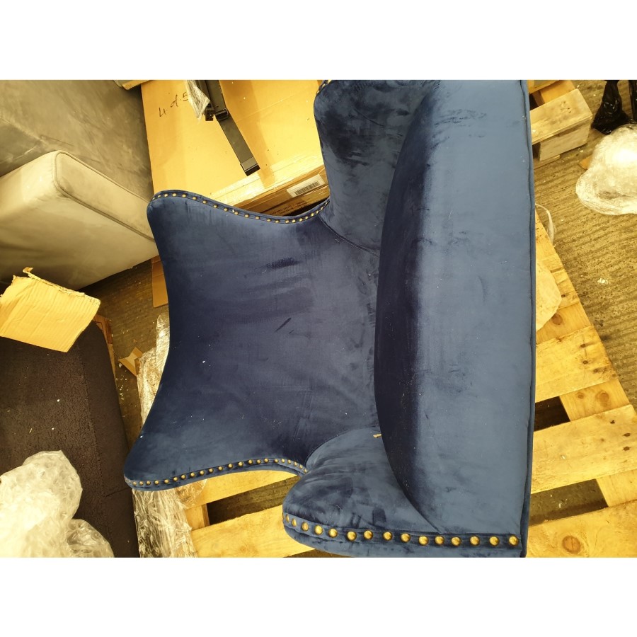 GRADE A2 - Navy Blue Velvet Armchair with Black Legs and Brass Studs - Jade Boutique
