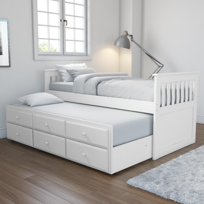 White Single Captain's Guest Bed with Storage Drawers and Trundle