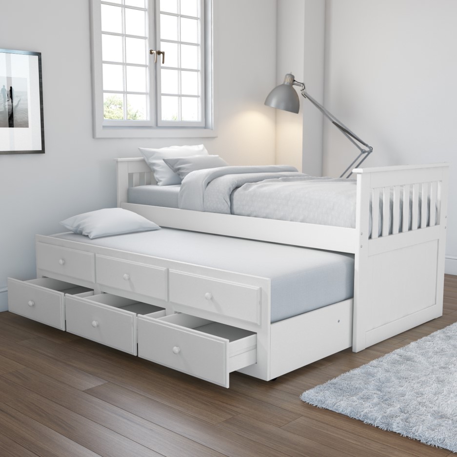 White Single Captain's Guest Bed with Storage Drawers and Trundle Oxford Furniture123