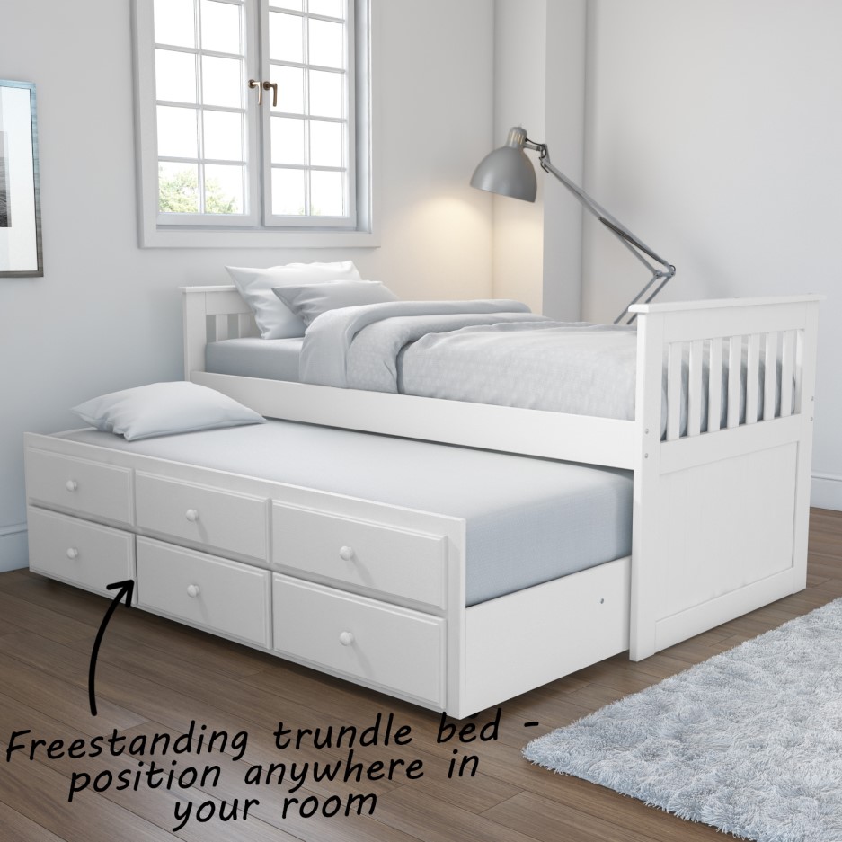 White Single Captain's Guest Bed with Storage Drawers and Trundle