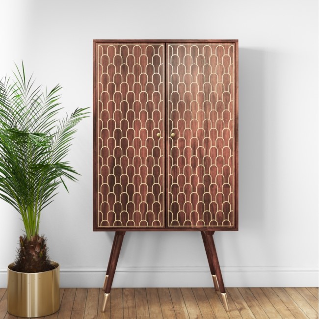 GRADE A1 - Large Drinks Cabinet in Dark Wood with Gold Inlay - Dejan