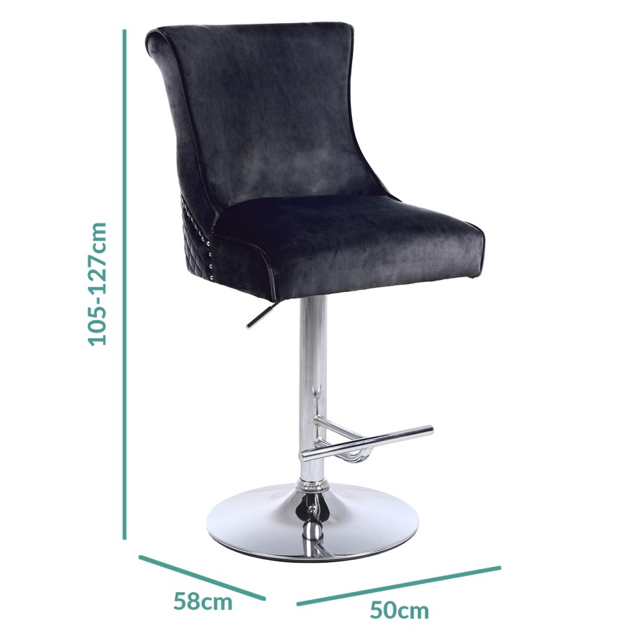 GRADE A2 - Adjustable Charcoal Grey Velvet Bar Stool with Chrome Base and Quilted Back - Lucille