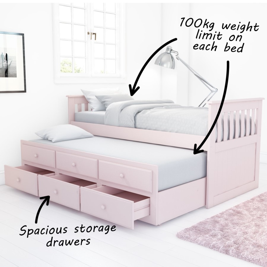 GRADE A1 - Oxford Captains Guest Bed With Storage in Light Pink - Trundle Bed Included