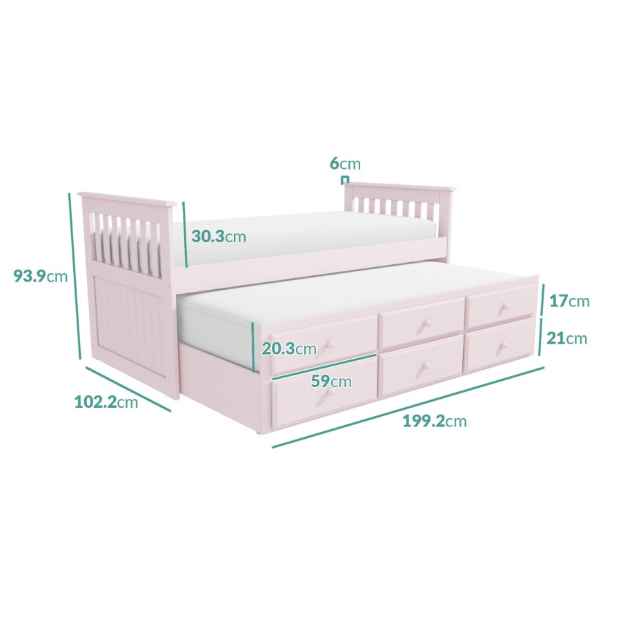 GRADE A1 - Oxford Captains Guest Bed With Storage in Light Pink - Trundle Bed Included