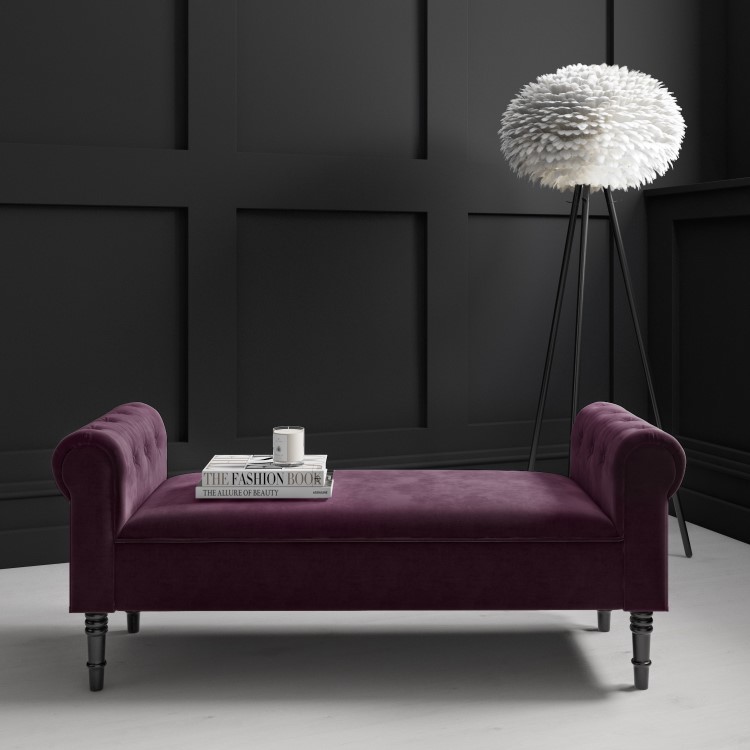 Safina End-of-Bed Bench in Aubergine Velvet with Chesterfield Armrests