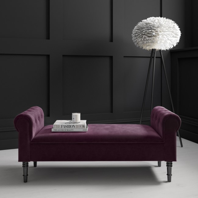 GRADE A1 - Safina Aubergine Velvet Bench with Quilted Arm Rest