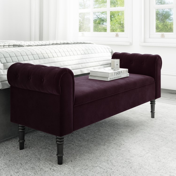 Safina End-of-Bed Bench in Aubergine Velvet with Chesterfield Armrests