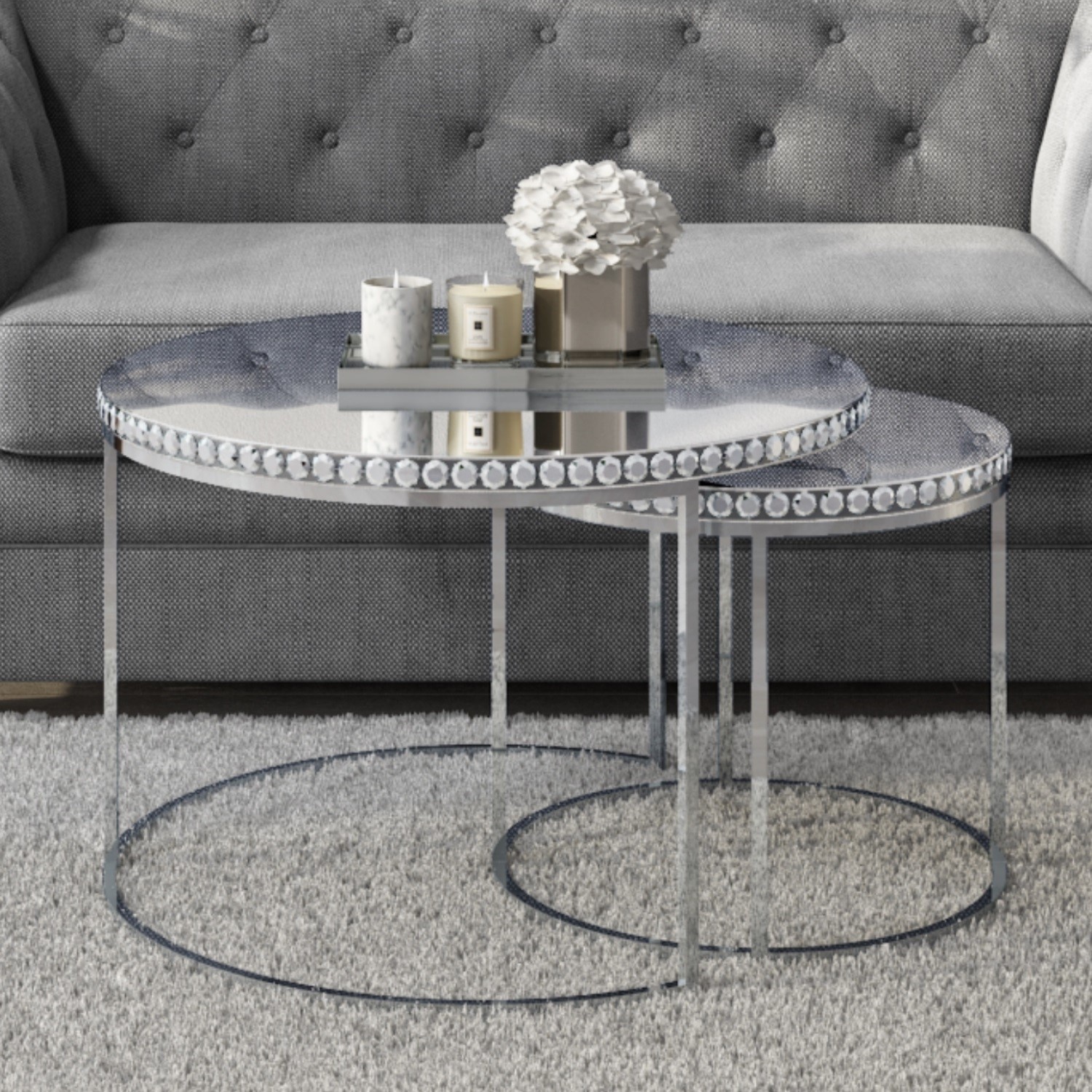 Round Mirrored Coffee Tables With Diamond Gems Set Of 2 Jade Boutique Furniture123