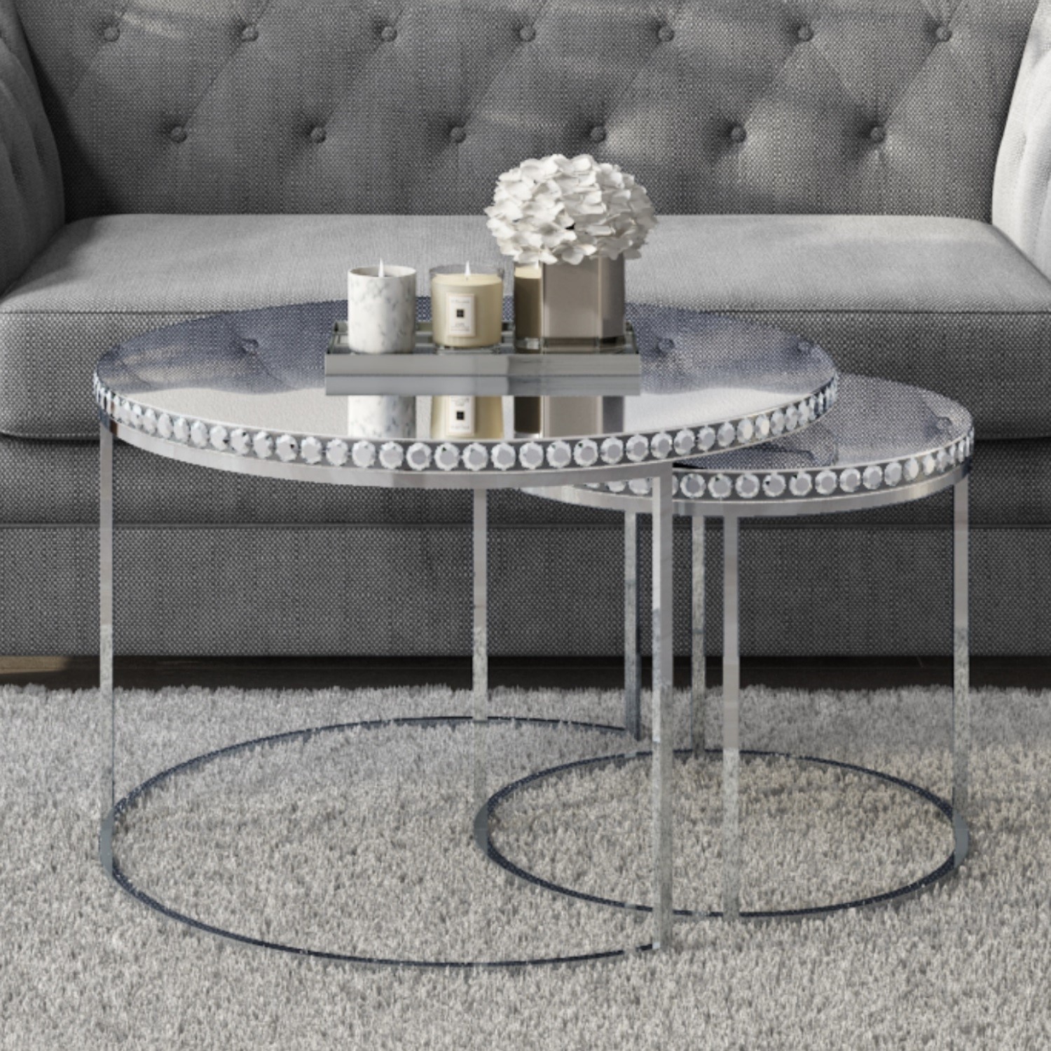Round Mirrored Coffee Tables With Diamond Gems Set Of 2 Jade Boutique Furniture123 Round Mirrored Coffee Tables With Diamond Gems Set Of 2 Jade Boutique Furniture123