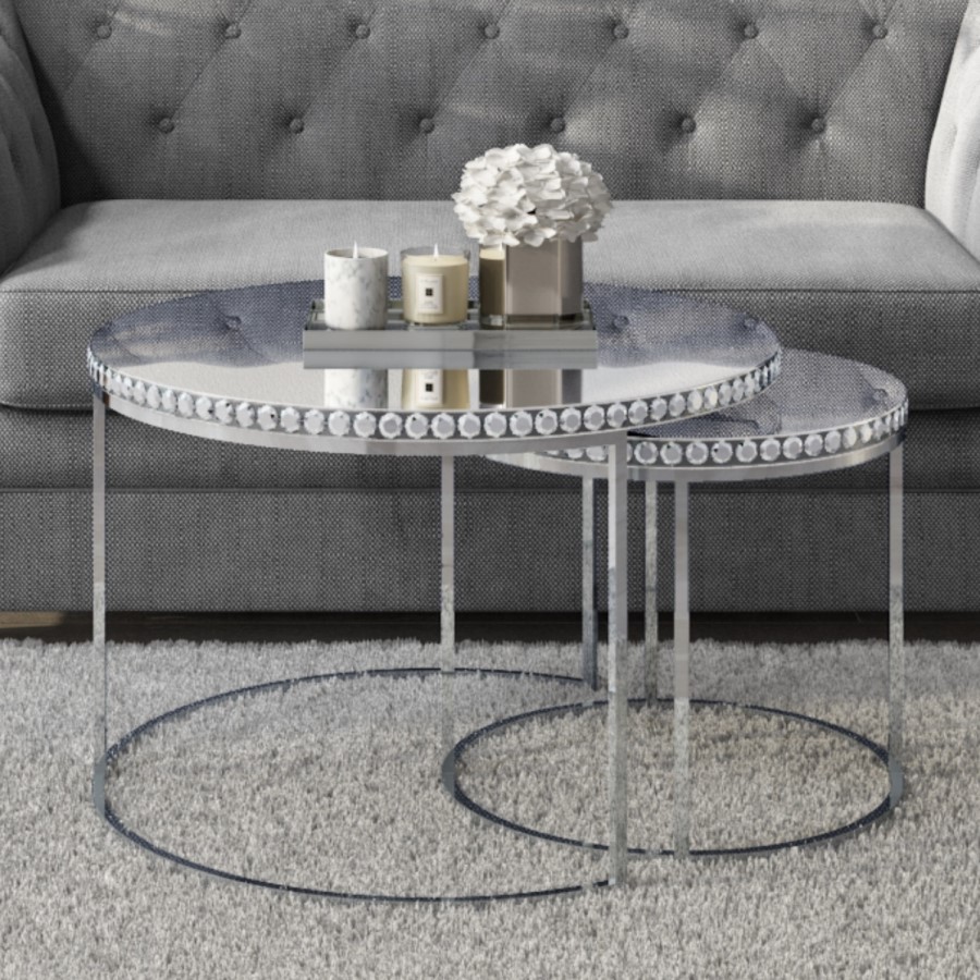 Round Mirrored Coffee Tables with Diamond Gems - Set of 2 - Jade Boutique