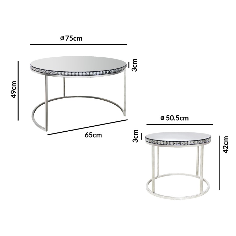 Round Mirrored Coffee Tables with Diamond Gems - Set of 2 - Jade Boutique