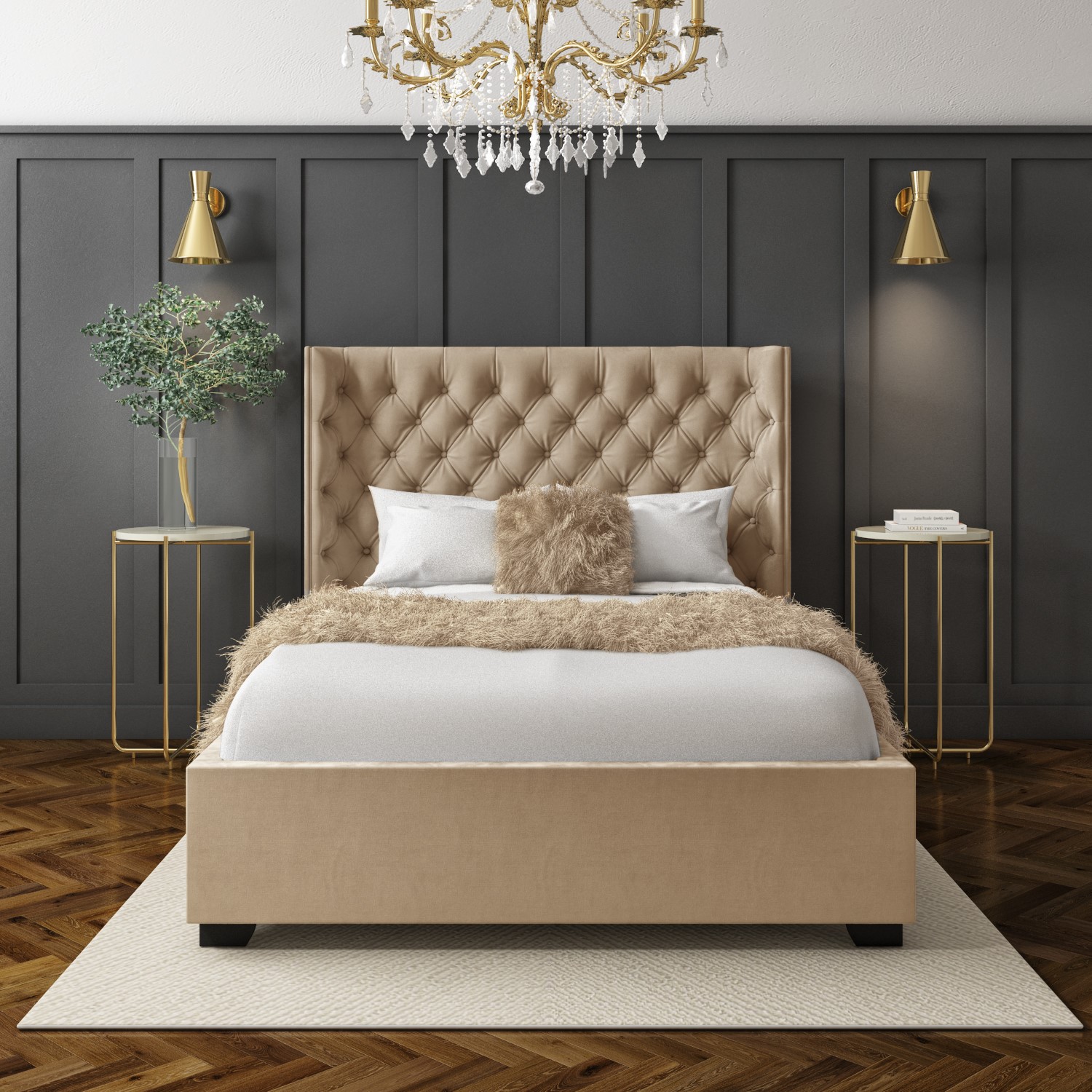 Beige Velvet Double Ottoman Bed With, How Big Is A Double Headboard