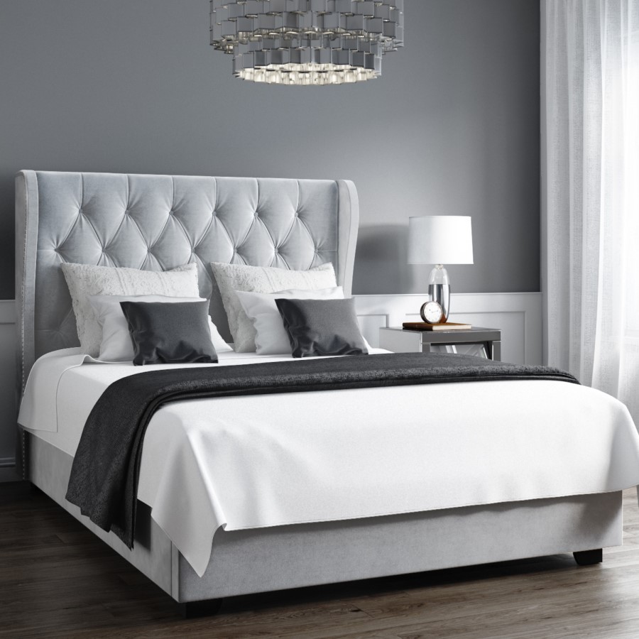 GRADE A2 - Safina King Size Buttoned Wing Back Ottoman Bed in Silver Grey Velvet