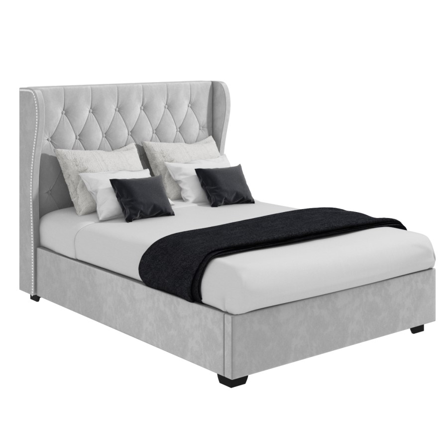 GRADE A2 - Safina King Size Buttoned Wing Back Ottoman Bed in Silver Grey Velvet