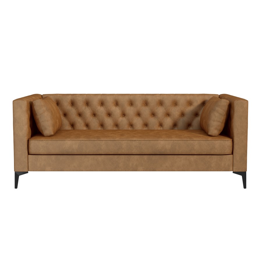 Brown Faux Leather Buttoned 3 Seater Sofa - Luthor
