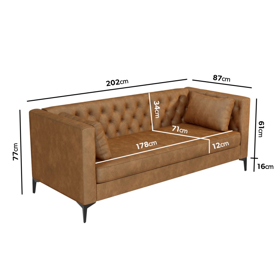 Brown Faux Leather Buttoned 3 Seater Sofa - Luthor