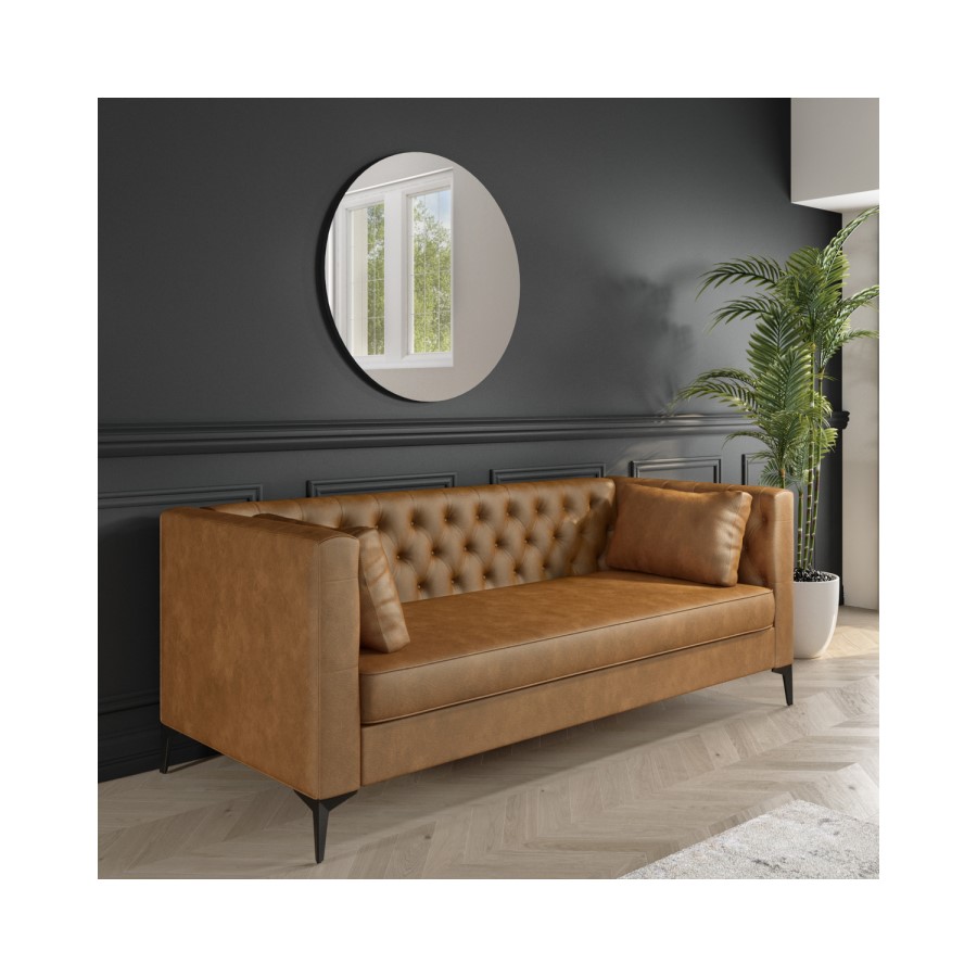 Brown Faux Leather Buttoned 3 Seater Sofa - Luthor