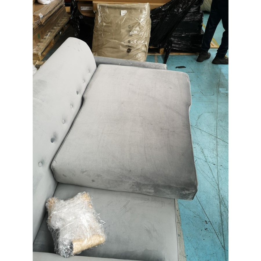 GRADE A2 - Right Hand Facing Grey Velvet Corner Sofa with Bolster Cushions - Seats 3 - Idris