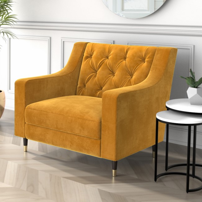 GRADE A1 - Mustard Yellow Velvet Buttoned Armchair - Cole