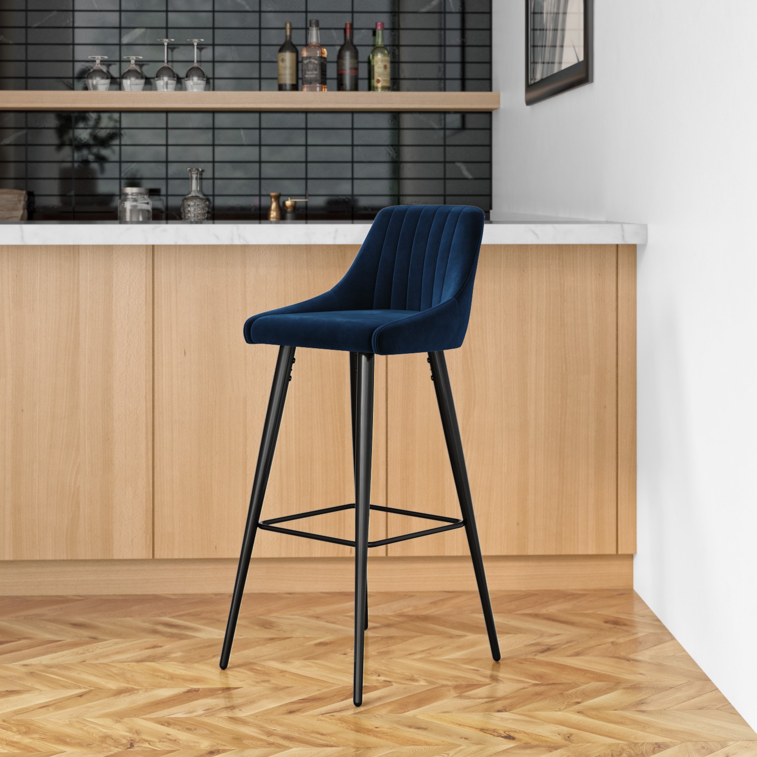 Navy Velvet Bar Stool with Back 77cm Macie Furniture123