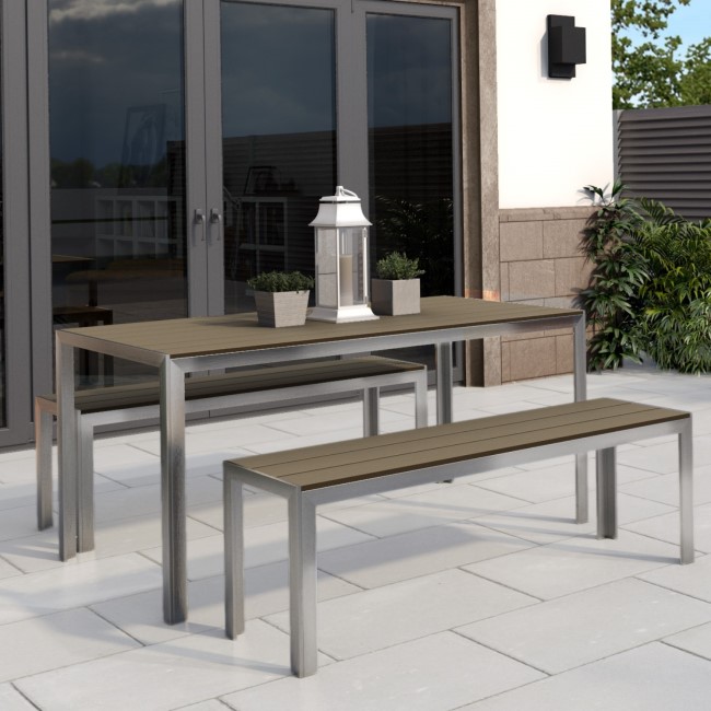 GRADE A2 - Garden Dining Table & Bench Set with Metal Frame and Wood Effect Finish