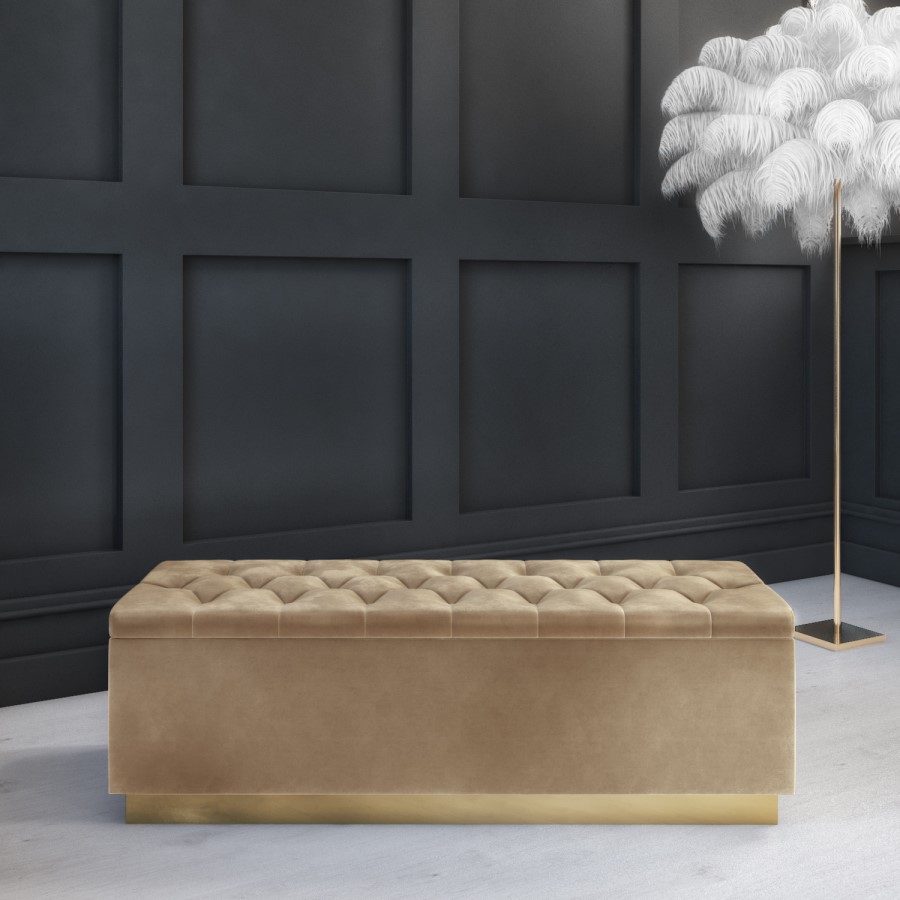 GRADE A1 - Safina Velvet Storage Blanket Box in Light Beige with Button Detail