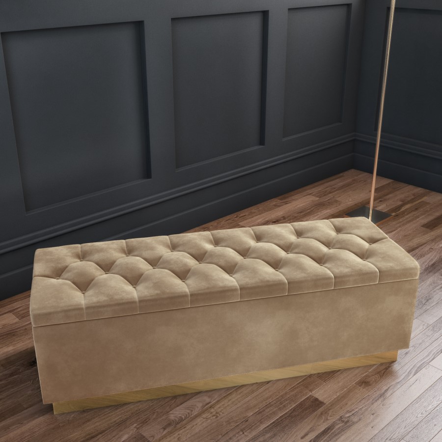 GRADE A1 - Safina Velvet Storage Blanket Box in Light Beige with Button Detail