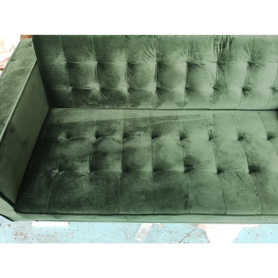 GRADE A2 - Buttoned Green Velvet Sofa - 3 Seater with Cushions - Elba
