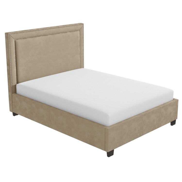 Safina Beige Velvet Double Ottoman Bed with Studded Headboard