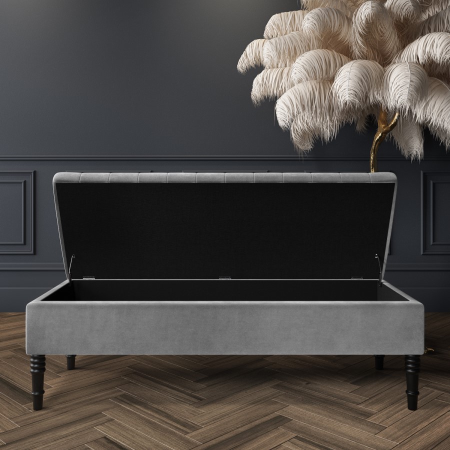 GRADE A2 - Safina Striped Top Ottoman Storage Bench in Silver Grey Velvet