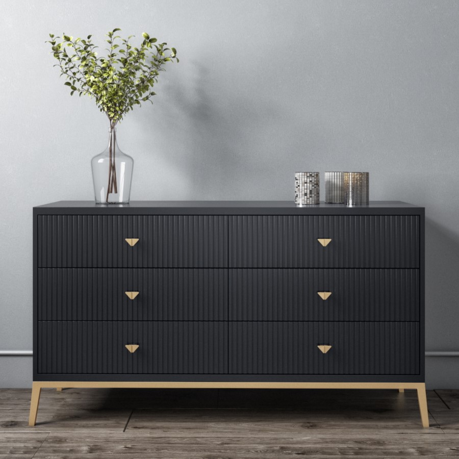 Wide Dark Grey Art Deco Chest of 6 Drawers with Legs - Maya