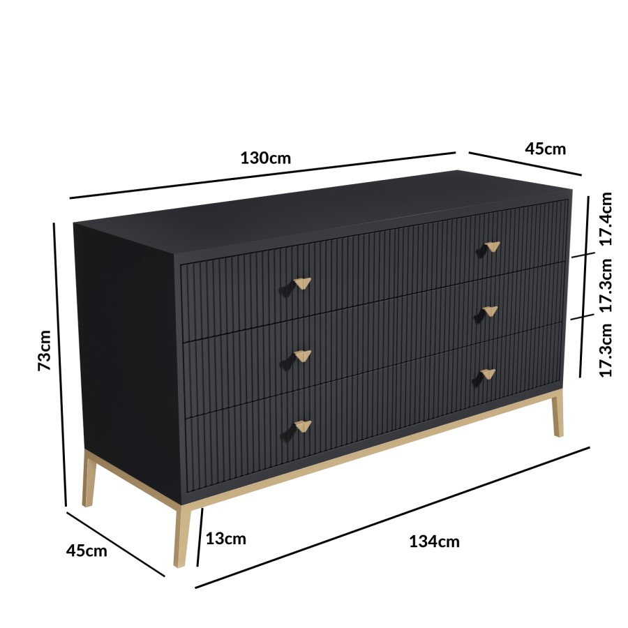 Wide Dark Grey Art Deco Chest of 6 Drawers with Legs - Maya