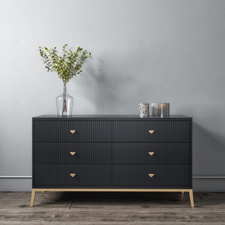 GRADE A2 - Wide Dark Grey Art Deco Chest of 6 Drawers with Legs - Maya