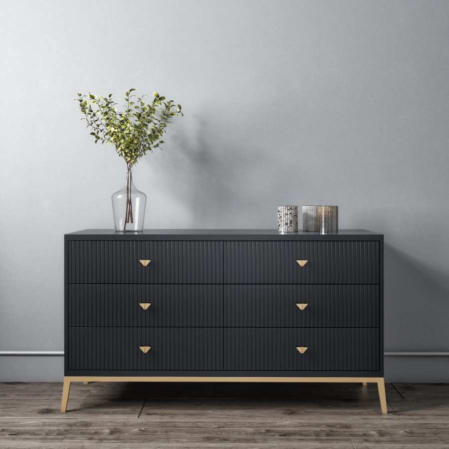 Wide Dark Grey Art Deco Chest of 6 Drawers with Legs - Maya