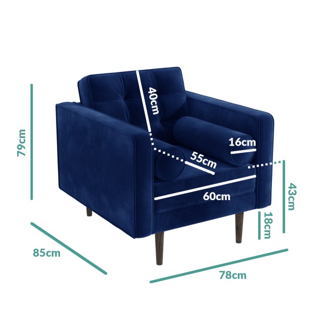 GRADE A1 Navy Blue Velvet Buttoned Armchair with Bolster Cushions