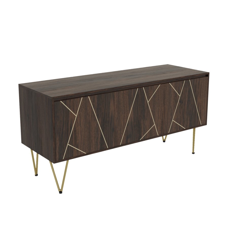 3 Door Sideboard in Dark Wood with Brass Inlay - Tahlia
