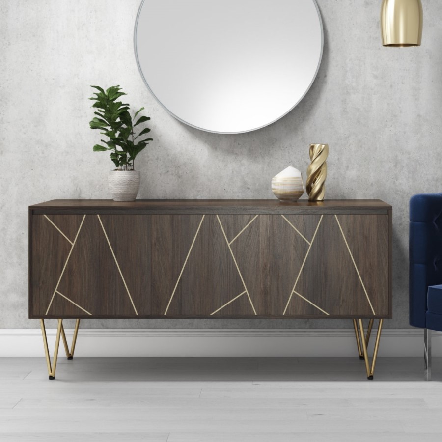 3 Door Sideboard in Dark Wood with Brass Inlay - Tahlia