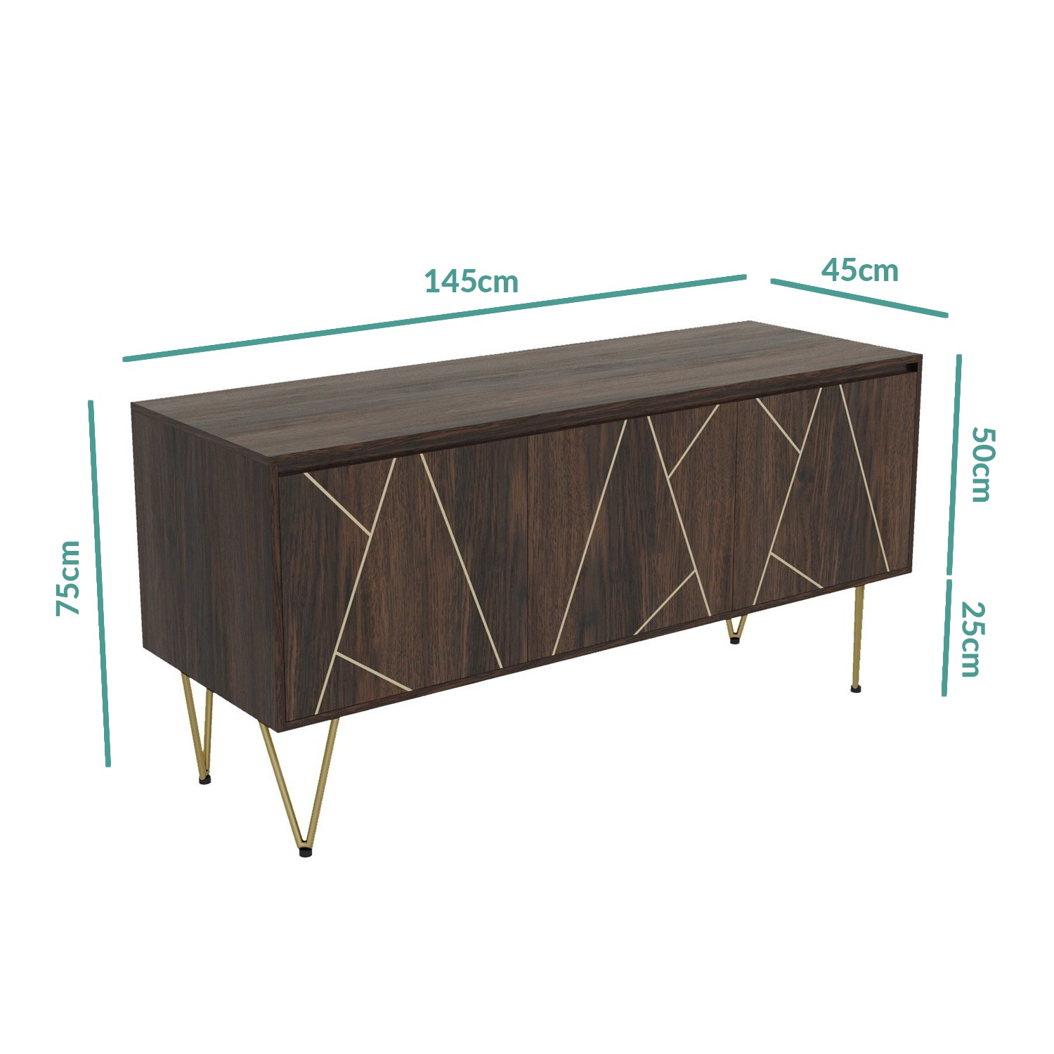 3 Door Sideboard in Dark Wood with Brass Inlay - Tahlia - Furniture123