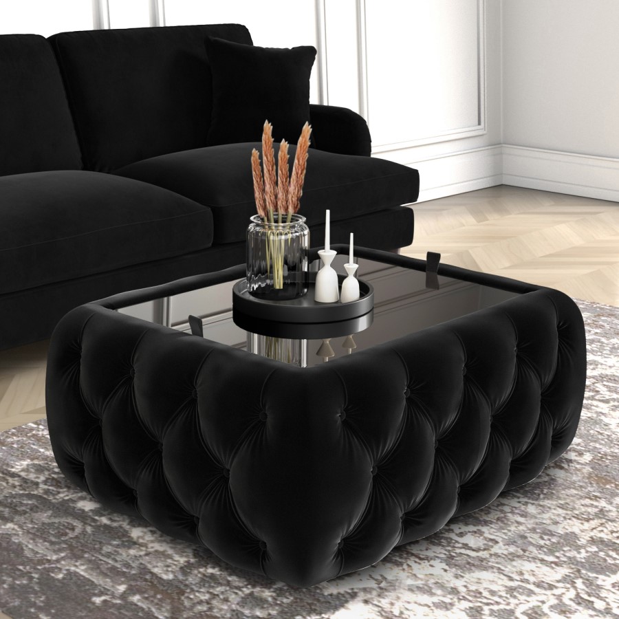 GRADE A1 - Black Velvet Storage Coffee Table with Glass Top - Buttoned - Clio