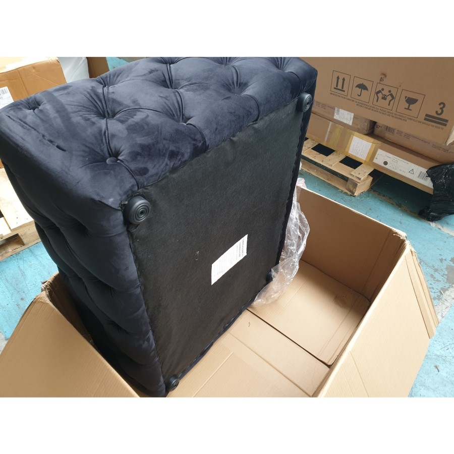 GRADE A2 - Black Velvet Storage Coffee Table with Glass Top - Buttoned - Clio